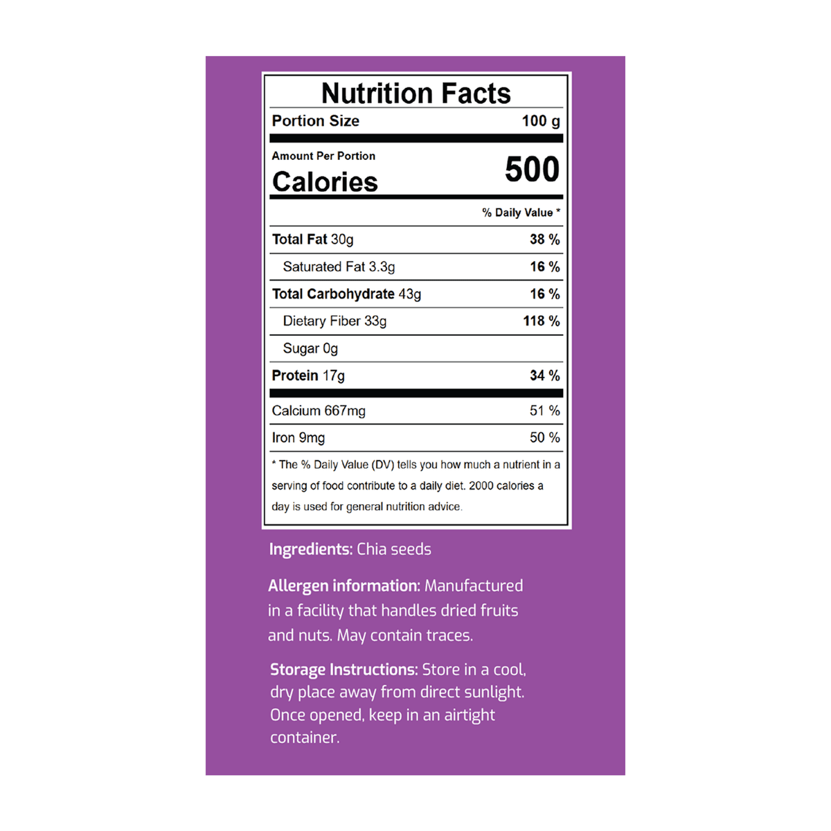 Whole chia seeds showing quality and natural color
